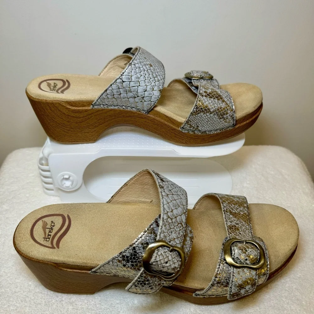 Dansko Sophie Leather Snakeskin‎ Metallic Slide Sandal Double Strap EUR size 41